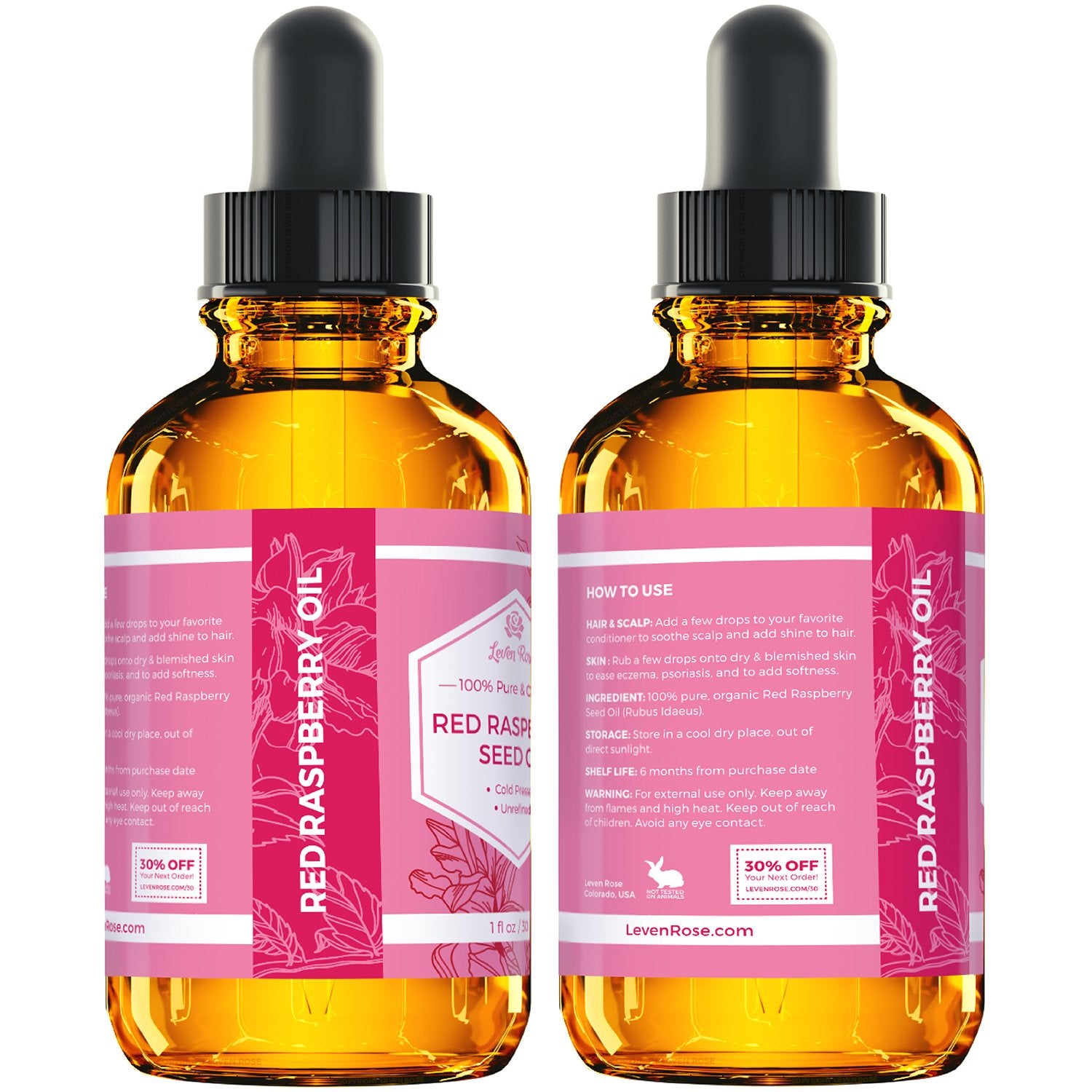Leven Rose Organic Raspberry Seed Oil packaging showcases clean, paraben-free natural care.