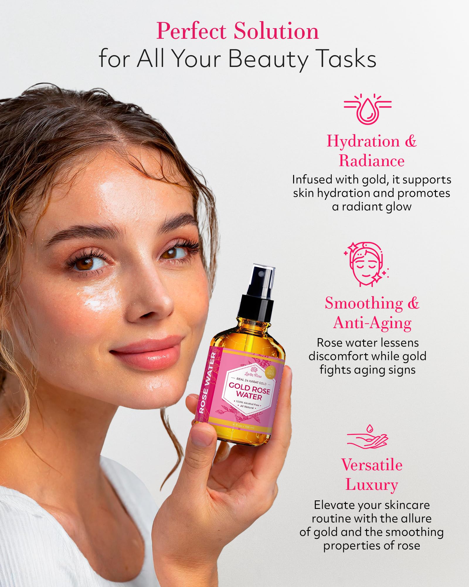 Rose water petals with gold flecks highlight a soothing, botanical blend.