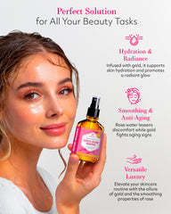 Rose water petals with gold flecks highlight a soothing, botanical blend.