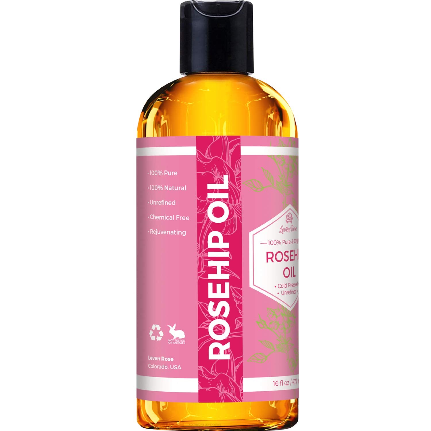 Close-up of Leven Rose packaging highlights unrefined cold-pressed formula