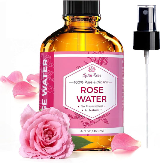 Leven Rose Rose Water Spray bottle closeup for refreshing facial hydration