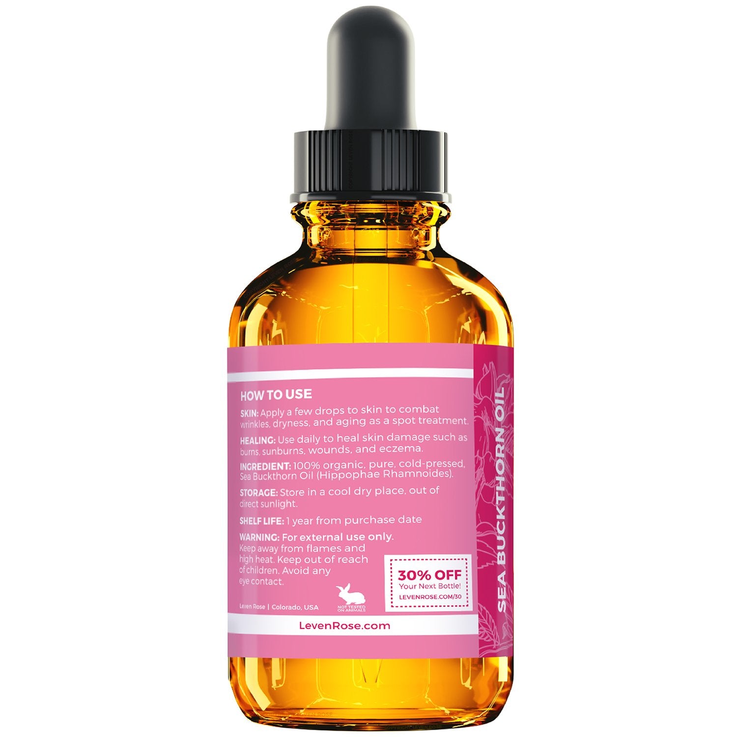 Leven Rose Sea Buckthorn Oil amber bottle protects purity from sunlight.