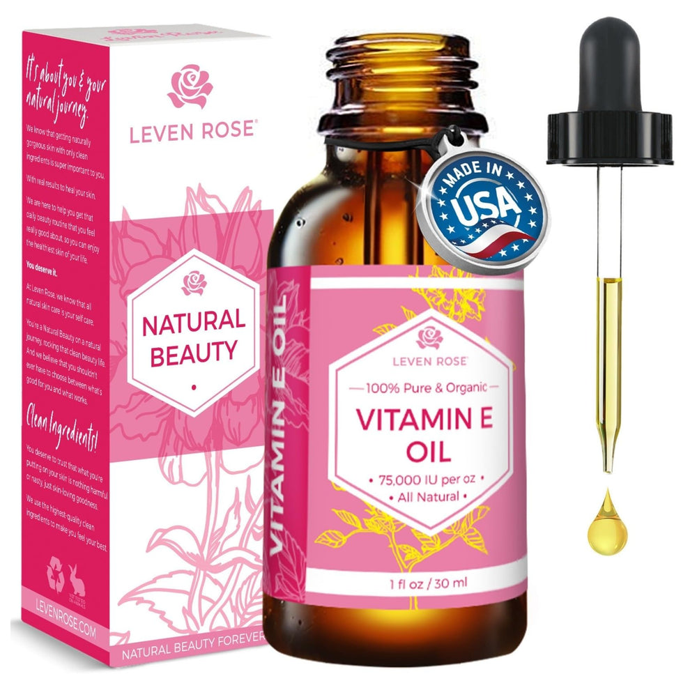 Leven Rose Vitamin E oil bottle with dropper for skin hydration.