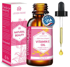Leven Rose Vitamin E oil bottle with dropper for skin hydration.