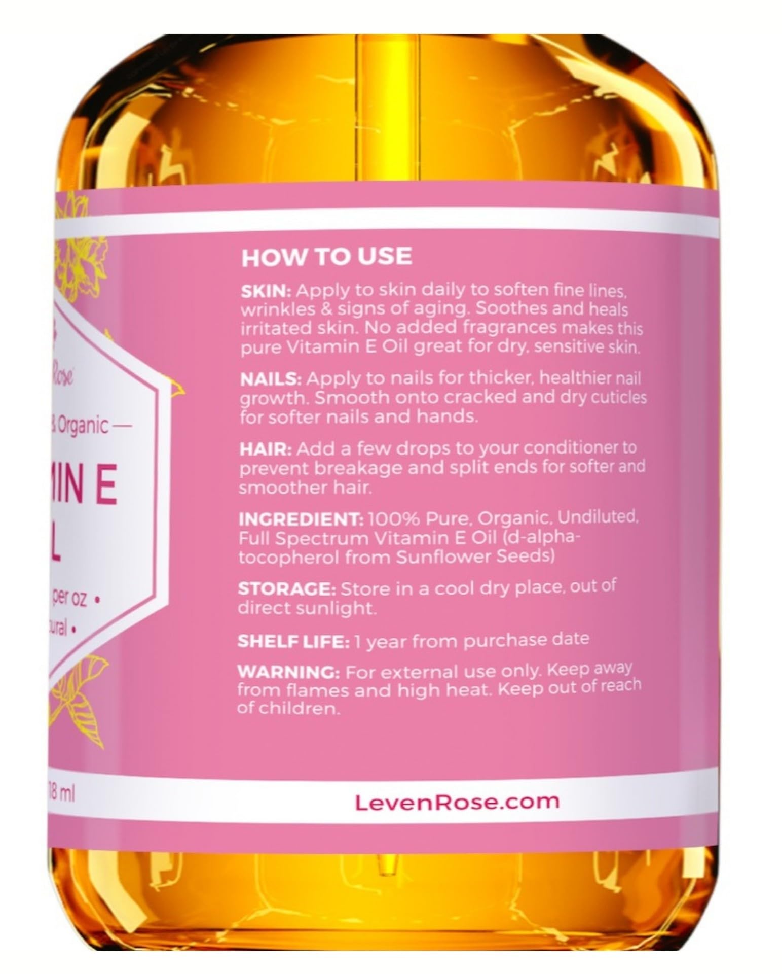 Vitamin E oil for nails and cuticle care by Leven Rose.