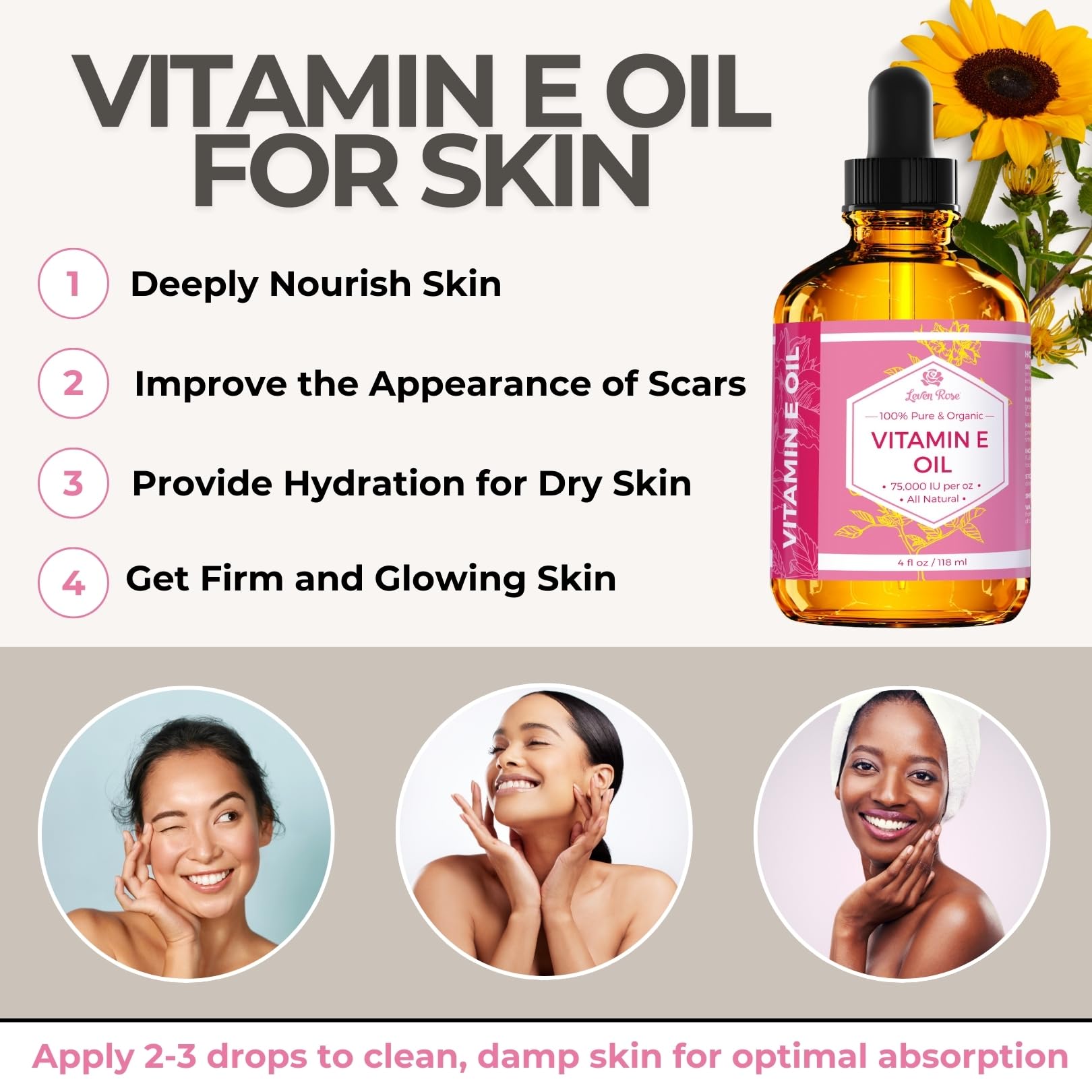 Leven Rose Vitamin E Oil pipette dispense, easy daily nourishment for face