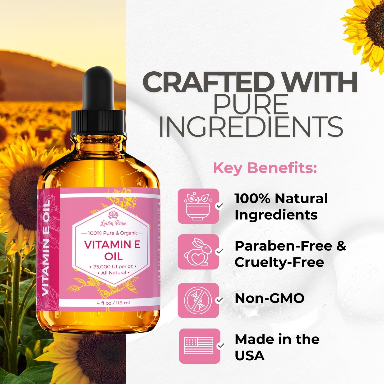 Leven Rose Vitamin E Oil silky texture close-up, luxurious skin feel