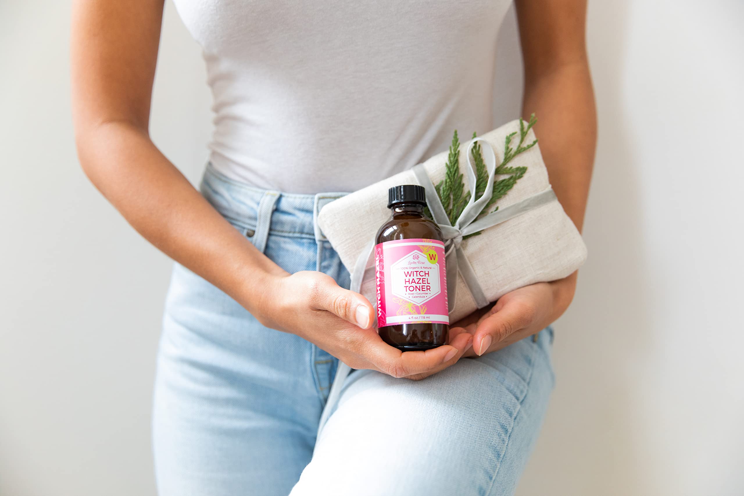 Leven Rose Witch Hazel Toner amber bottle storage suggests potency preservation.