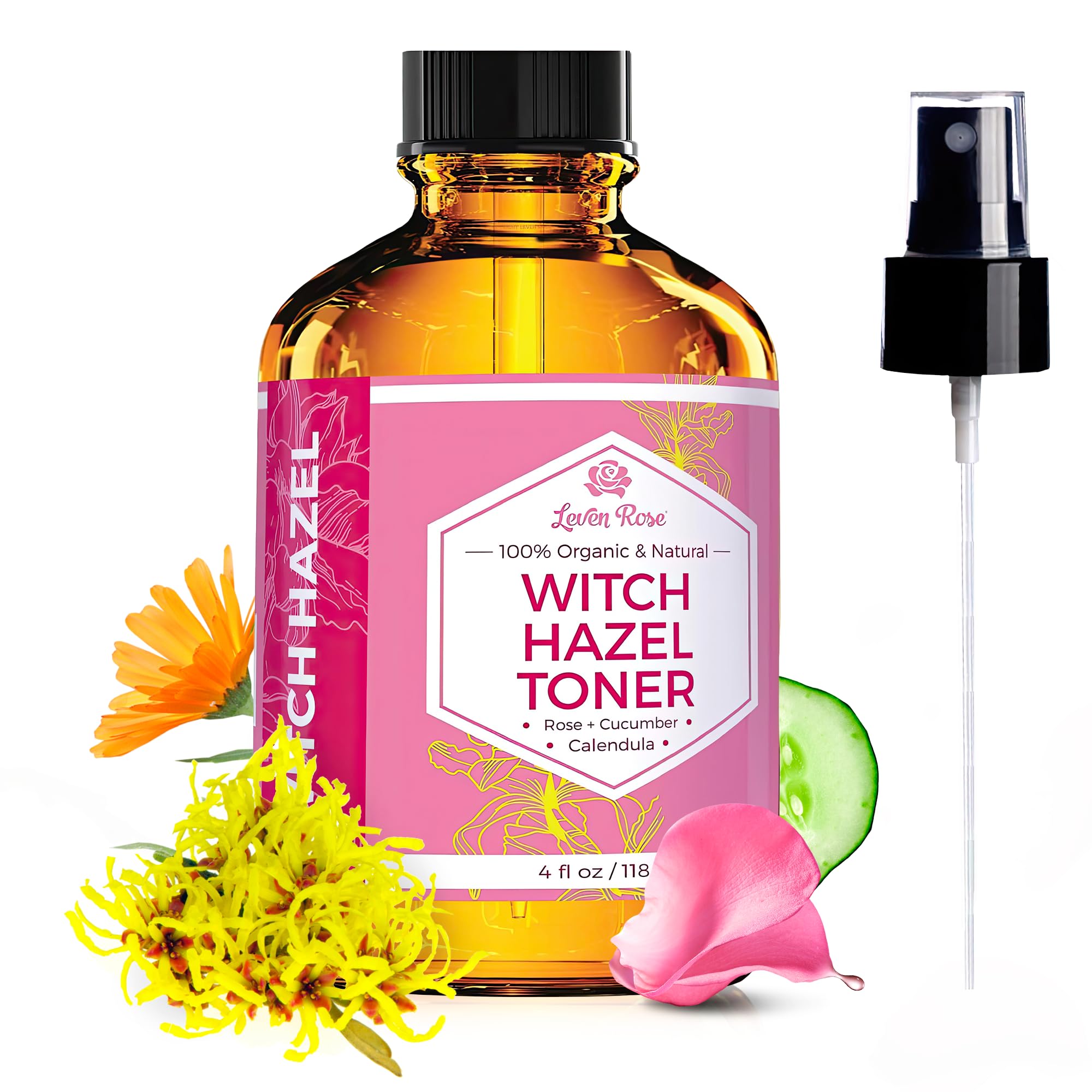 Leven Rose Witch Hazel Toner bottle pour enables smooth, precise application for balanced skin.