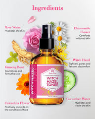 Leven Rose Witch Hazel Toner on cotton ball for gentle cleansing and toning.