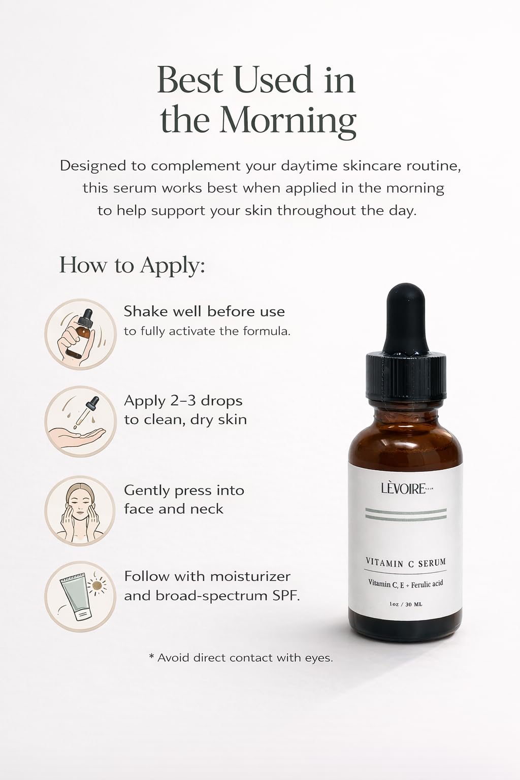 Ingredient scene featuring Ferulic acid and Vitamin E support for antioxidant protection.