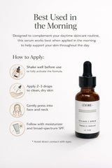 Ingredient scene featuring Ferulic acid and Vitamin E support for antioxidant protection.
