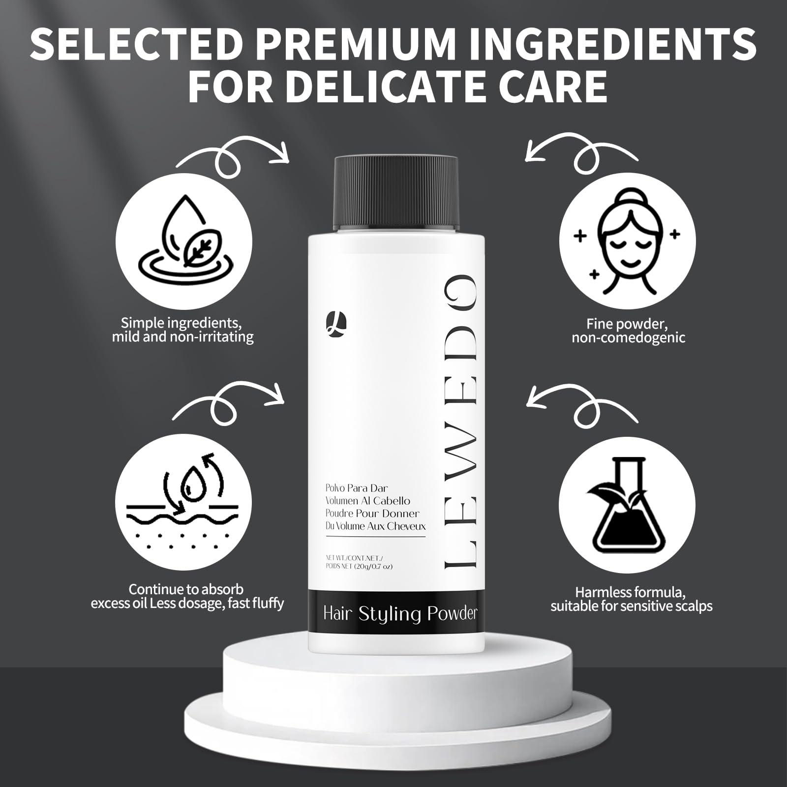 Absorbs oil and leaves a clean matte look on scalp and hair.