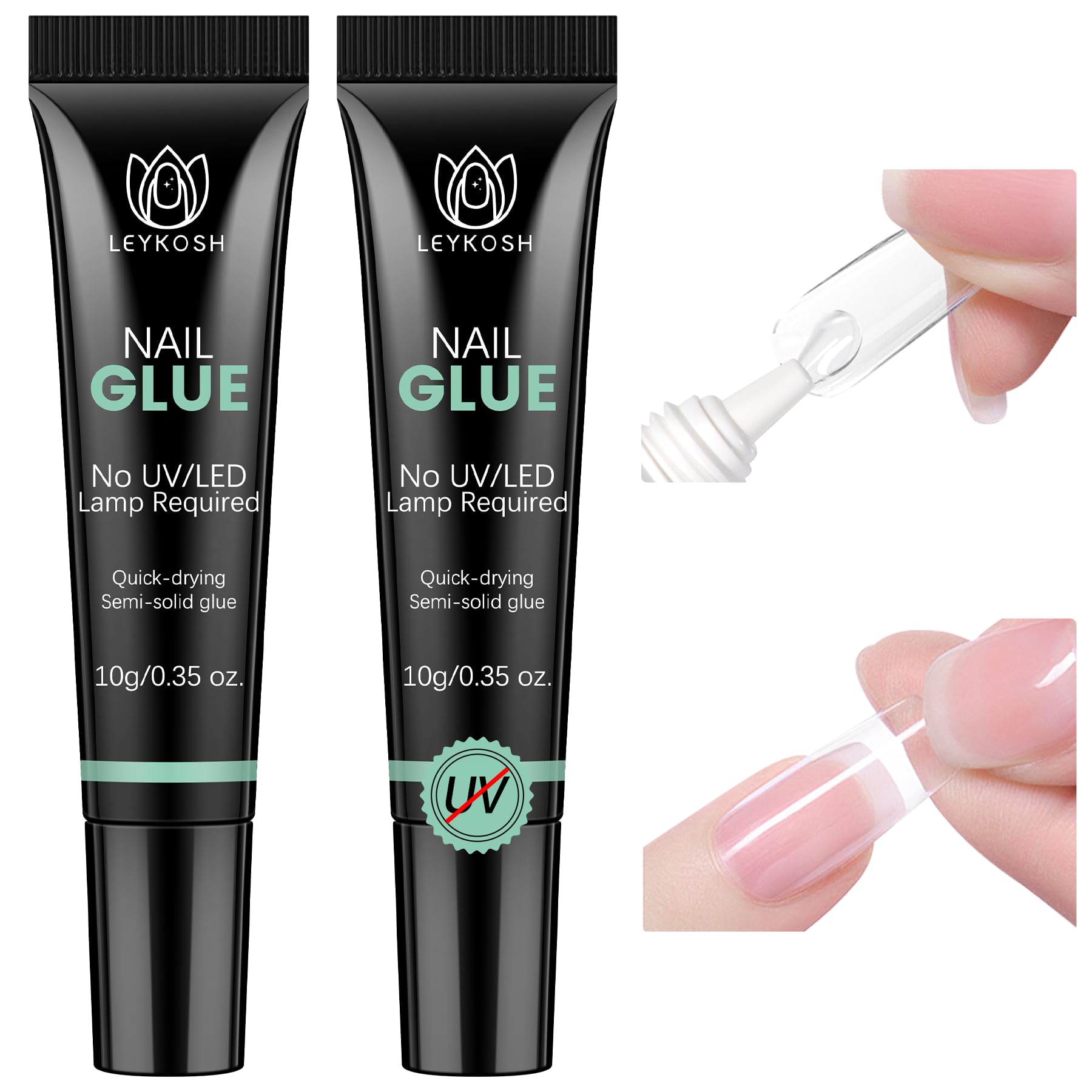 LEYKOSH Nail Glue bottle showing 10-second dry time for quick manicures