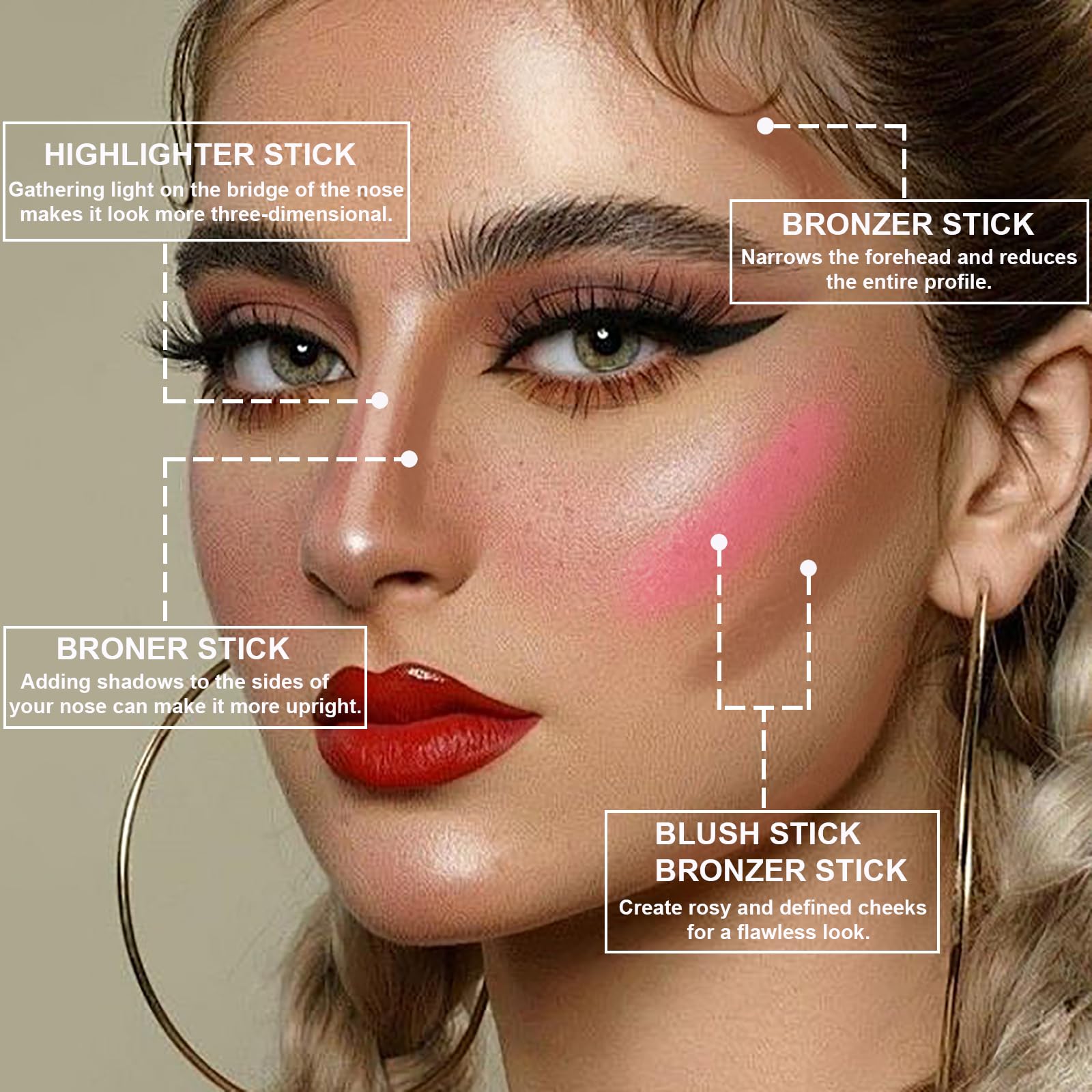 Lezero contour stick applied to cheeks for sculpted definition.