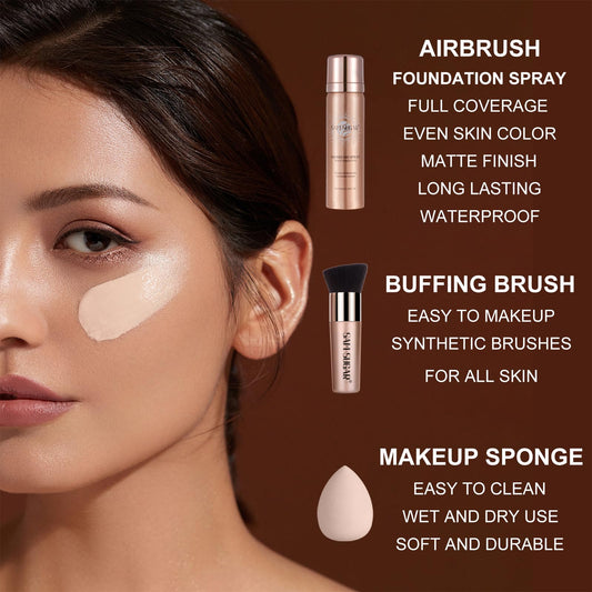 Lezero AirBrush Foundation Spray mist demonstrates quick, even color application for busy mornings