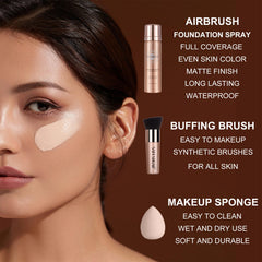 Lezero AirBrush Foundation Spray mist demonstrates quick, even color application for busy mornings