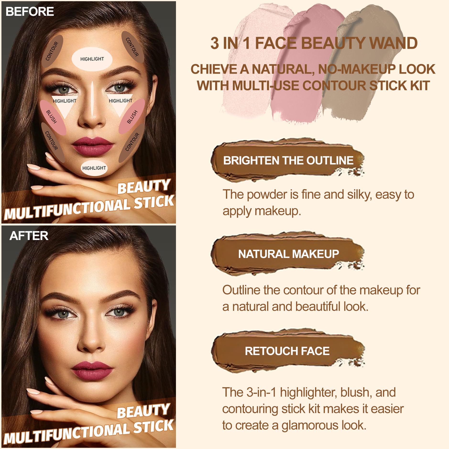 Lezero blush stick application demonstrates soft color for rosy cheeks.