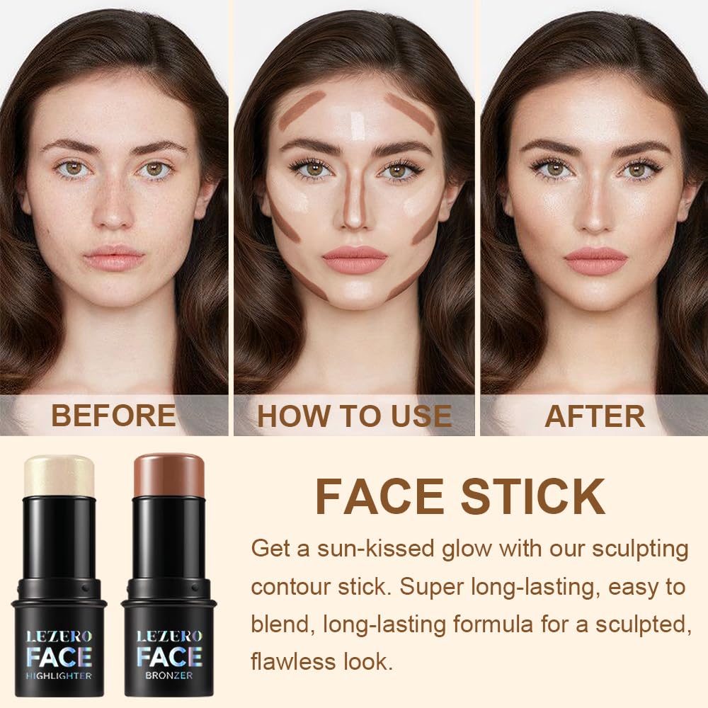 Lezero contour stick highlights cheekbones for sculpted, radiant dimension.