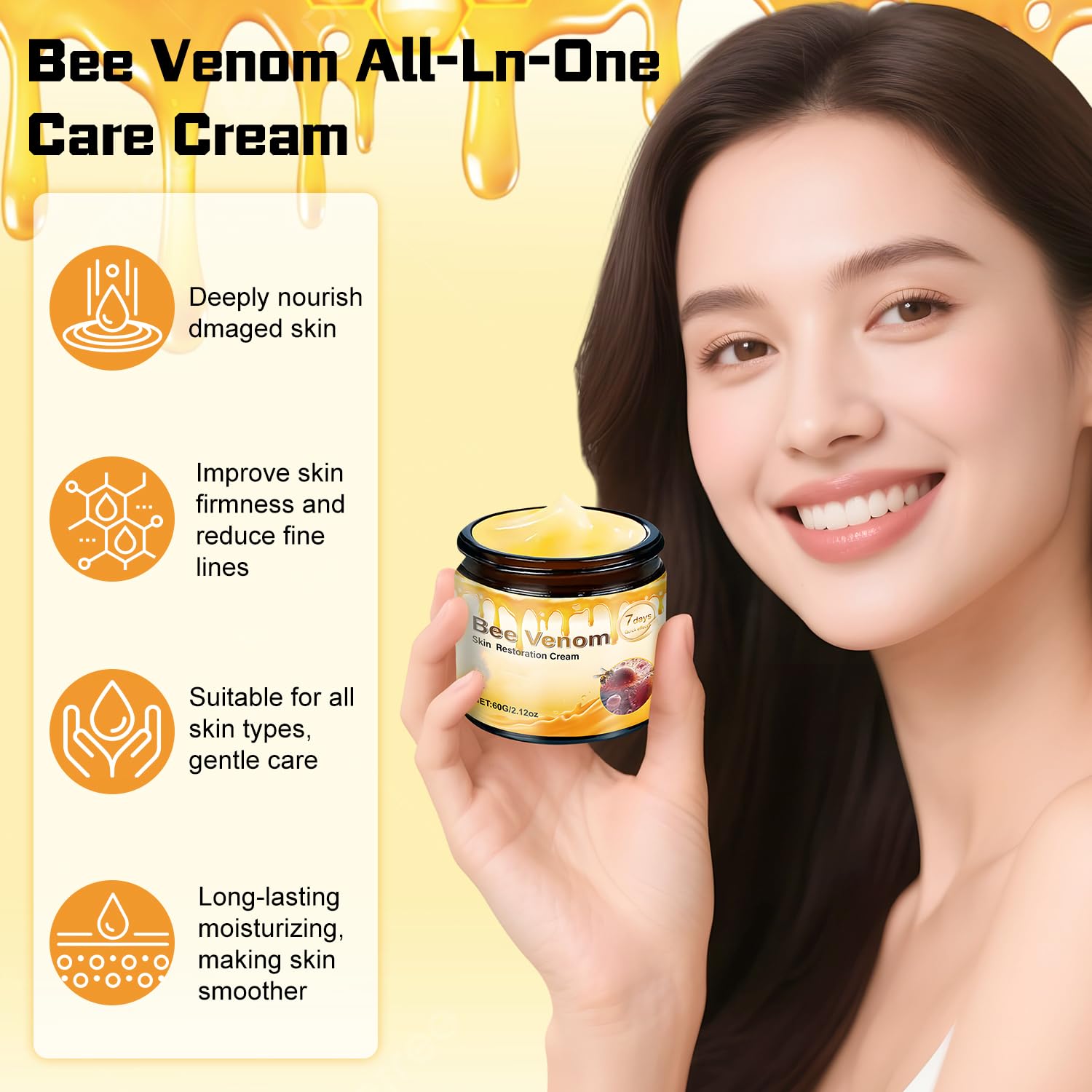 LHBMET Bee Venom Cream spread on face with quick absorption.