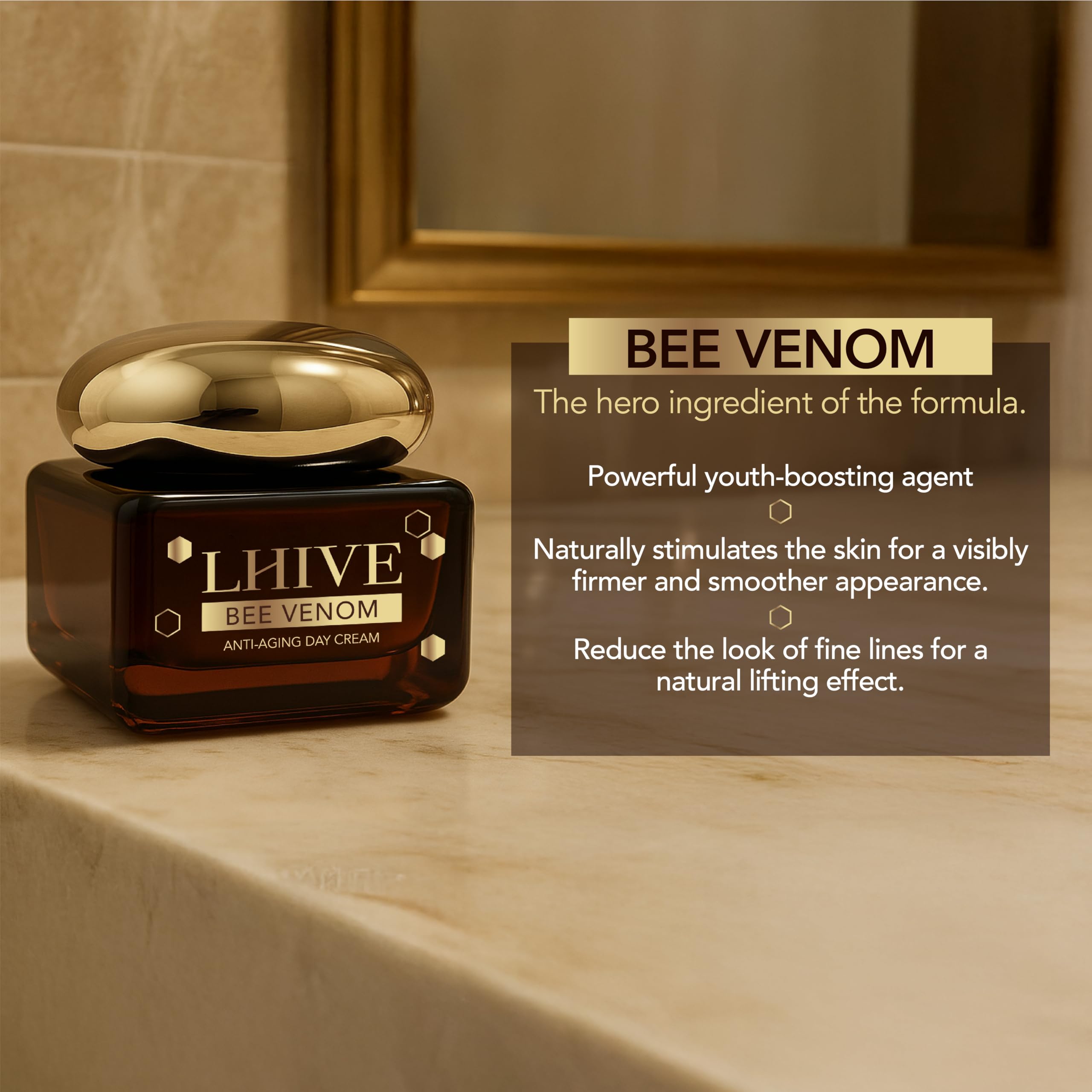 LHIVE bee venom cream with apricot kernel oil promotes nourished skin.
