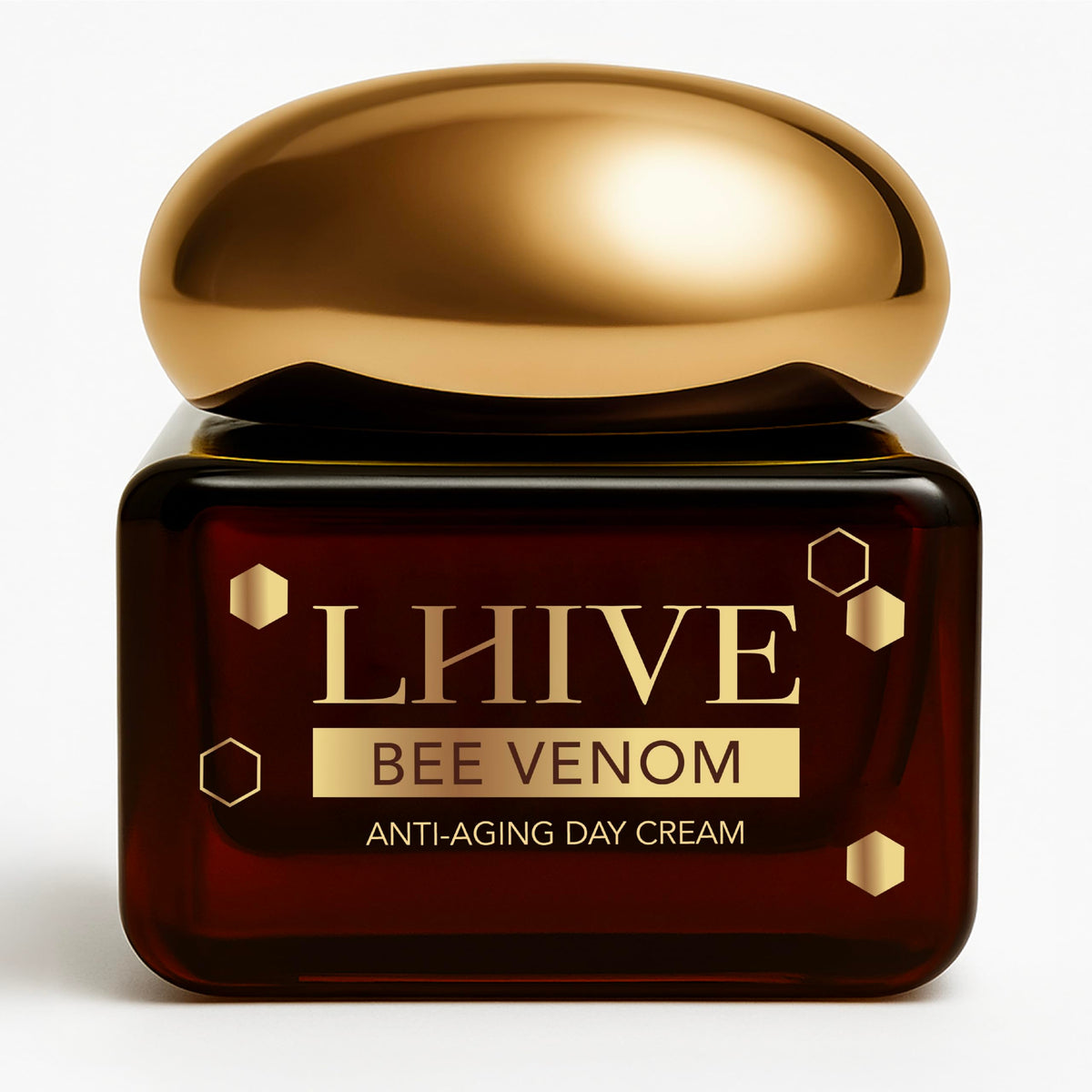 LHIVE bee venom cream jar shows a rich texture for firmer, radiant skin.