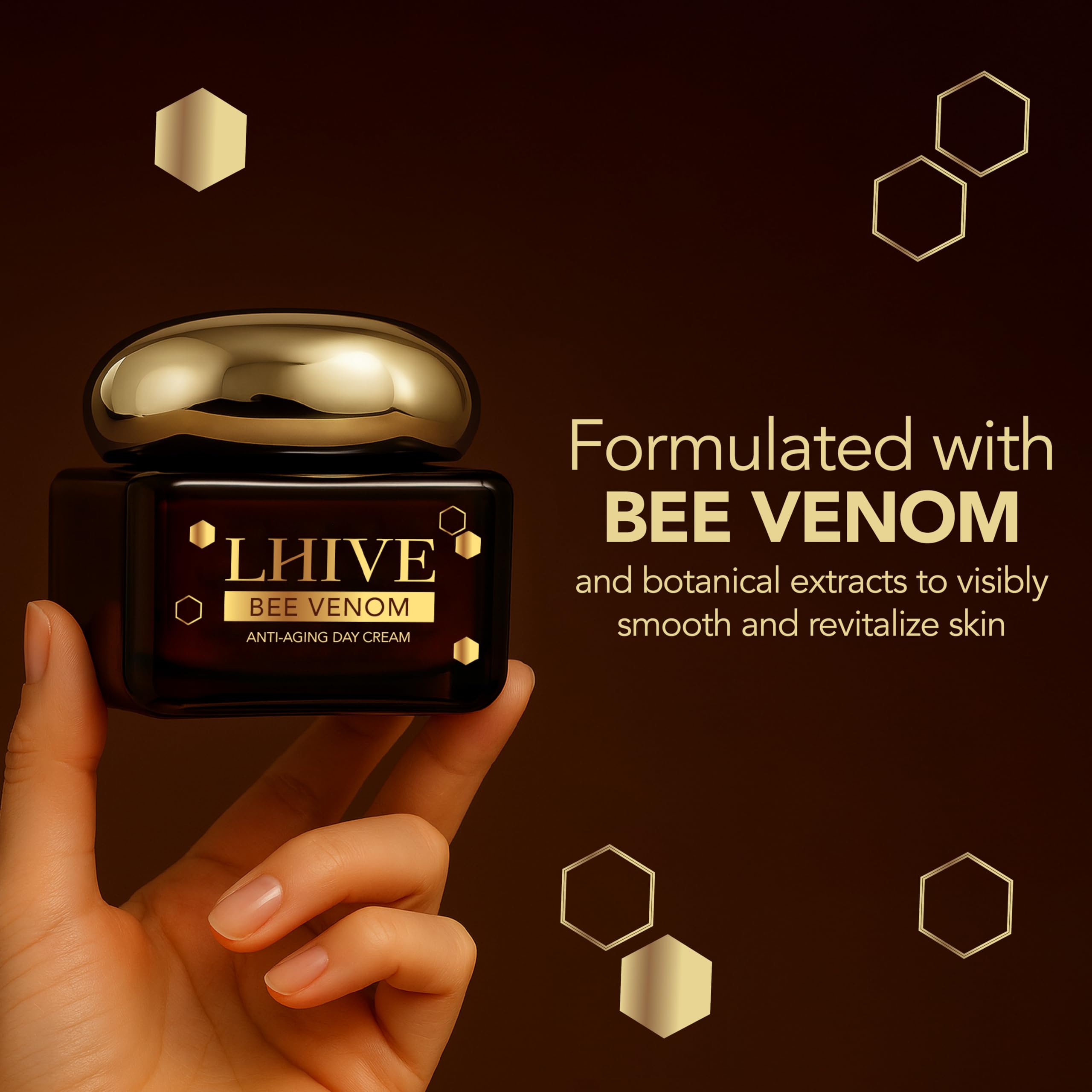 LHIVE bee venom cream texture close-up highlights quick-absorbing formula.