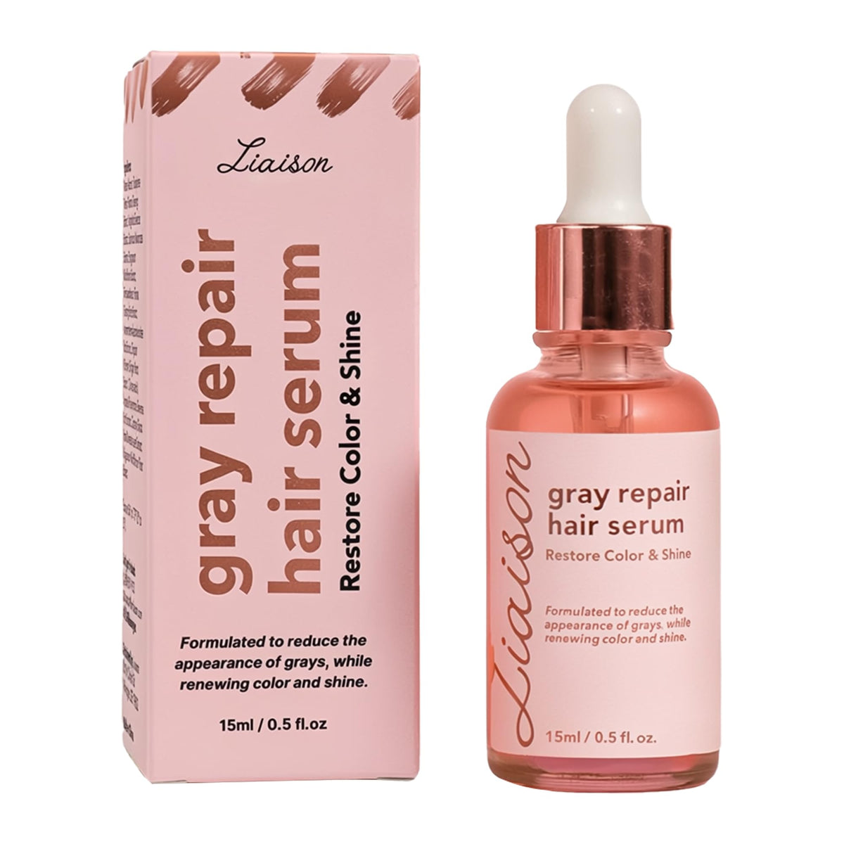 Liaison Gray Repair Hair Serum bottle showcases color-restoring formula and shine.
