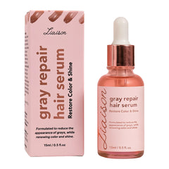 Liaison Gray Repair Hair Serum bottle showcases color-restoring formula and shine.