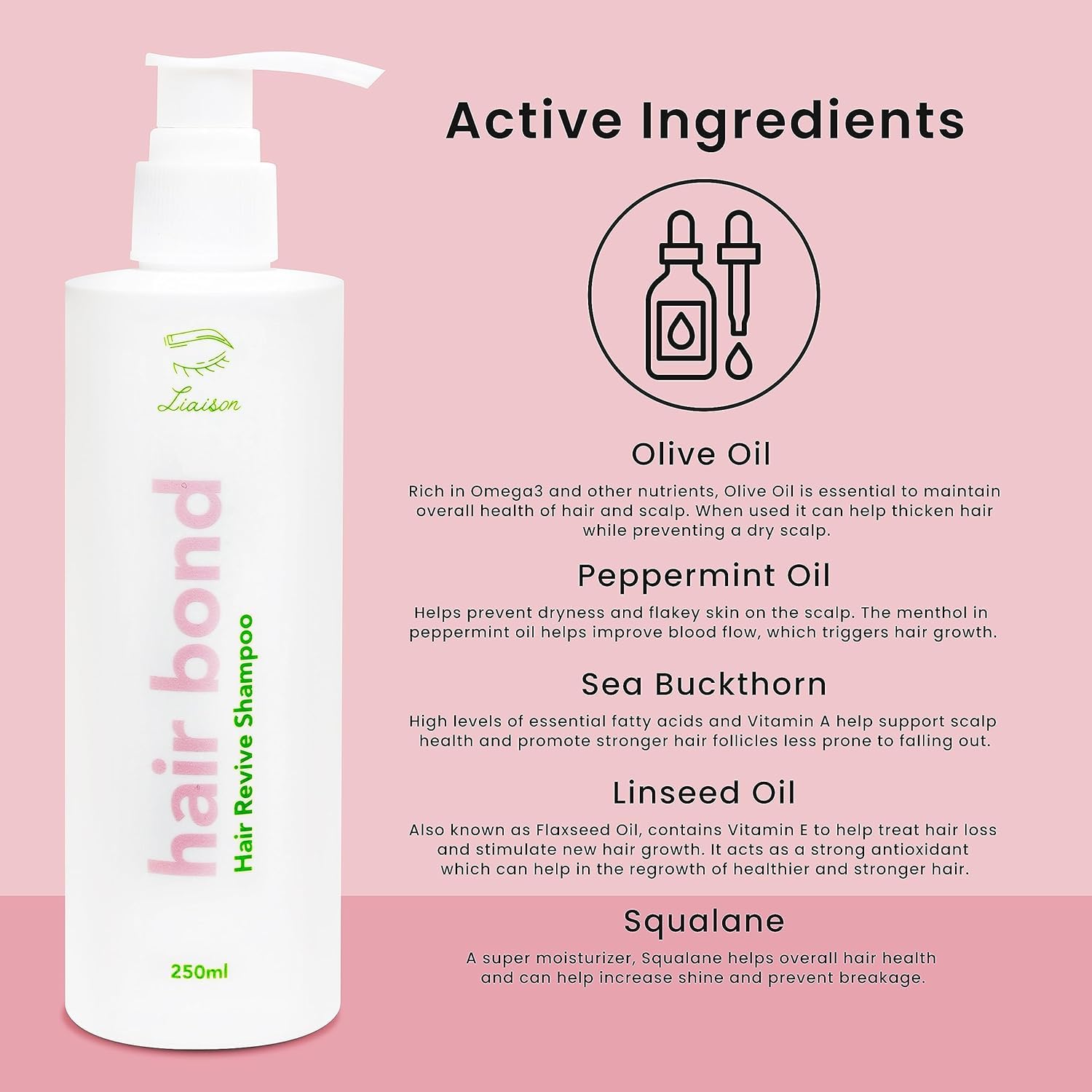 Liaison Hair Bond Shampoo label with ingredients highlighted for a bond-care formula.