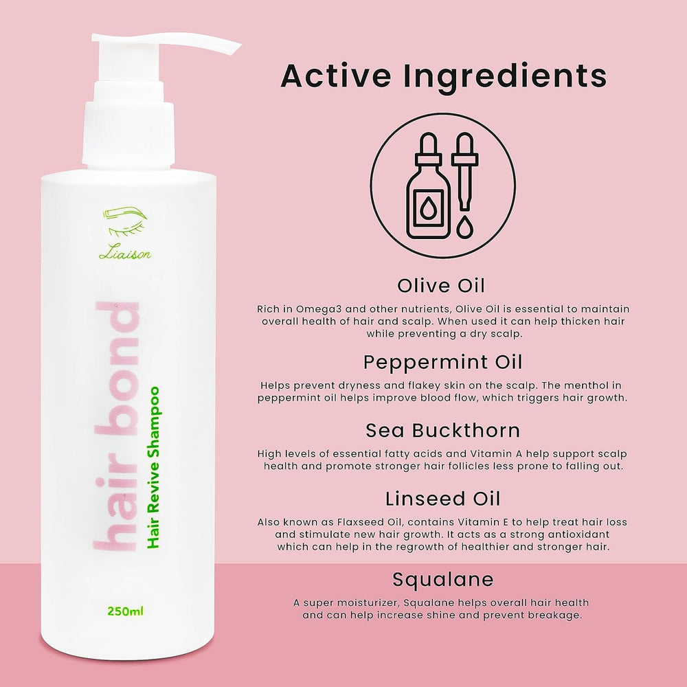 Liaison Hair Bond Shampoo label with ingredients highlighted for a bond-care formula.