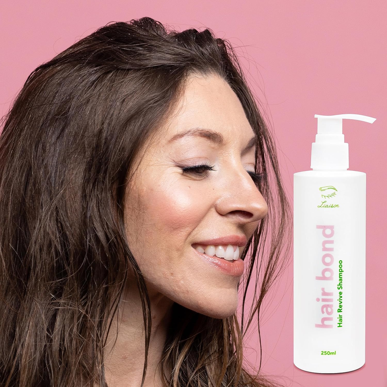 Liaison Hair Bond Shampoo on sink setup reflects everyday cleansing routine.