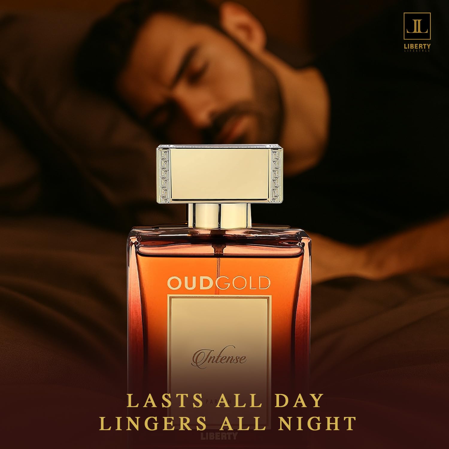 Liberty OudGold Intense bottle-angle showcases premium bottle design