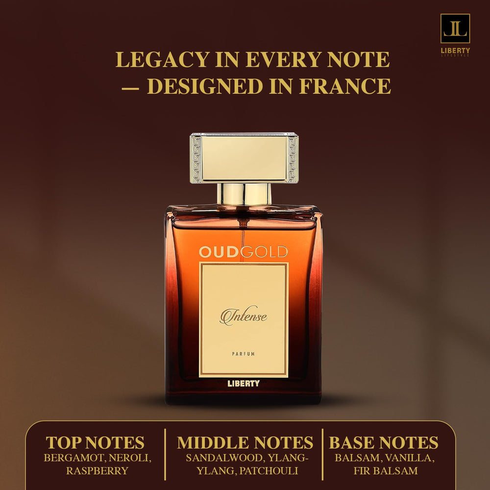 Liberty OudGold Intense bottle-closeup-cap highlights a sophisticated parfum