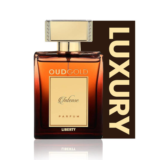 Liberty OudGold Intense bottle-front, a bold, long-lasting fragrance for evenings