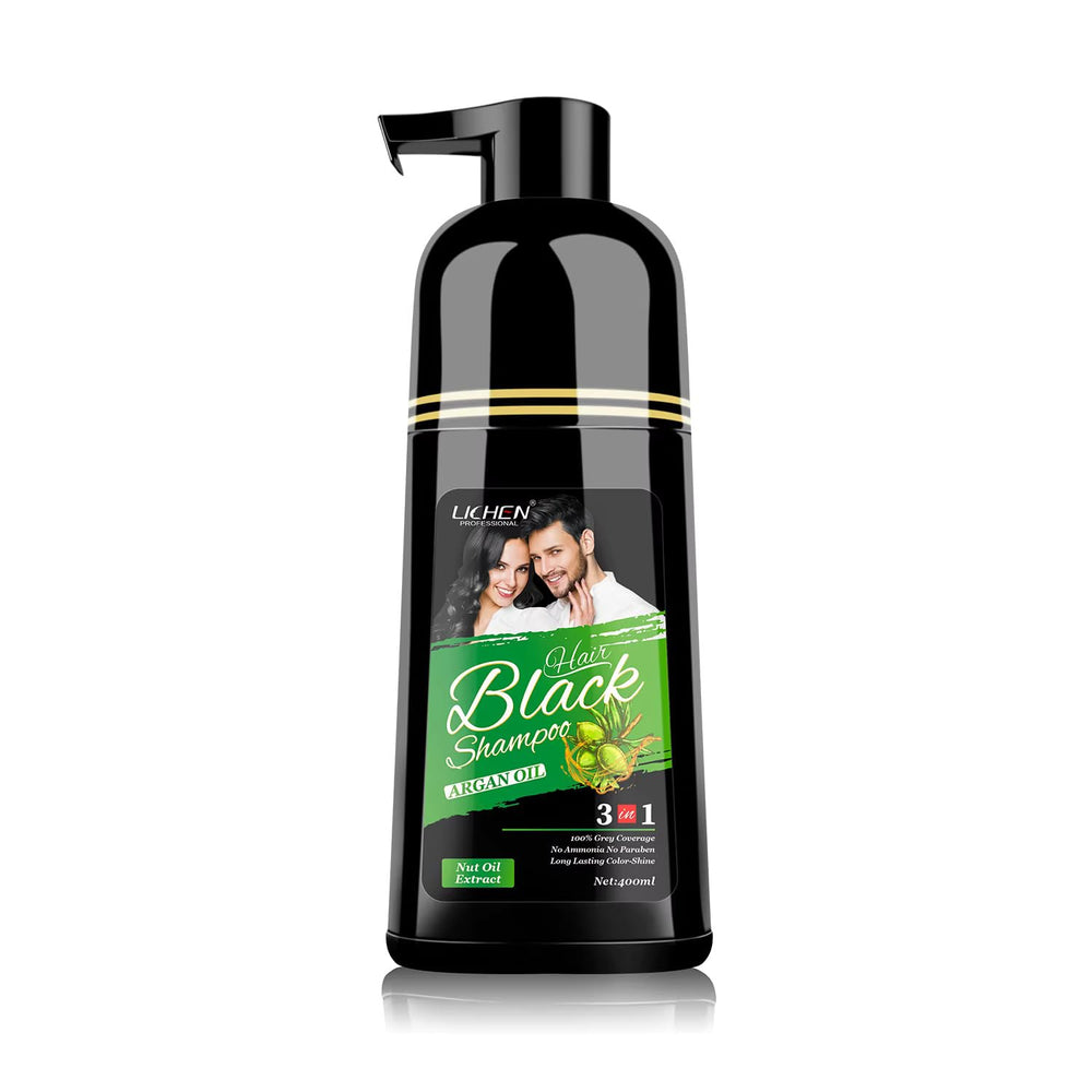 Lichen Professional hair dye shampoo bottle application for fast five-minute coverage.