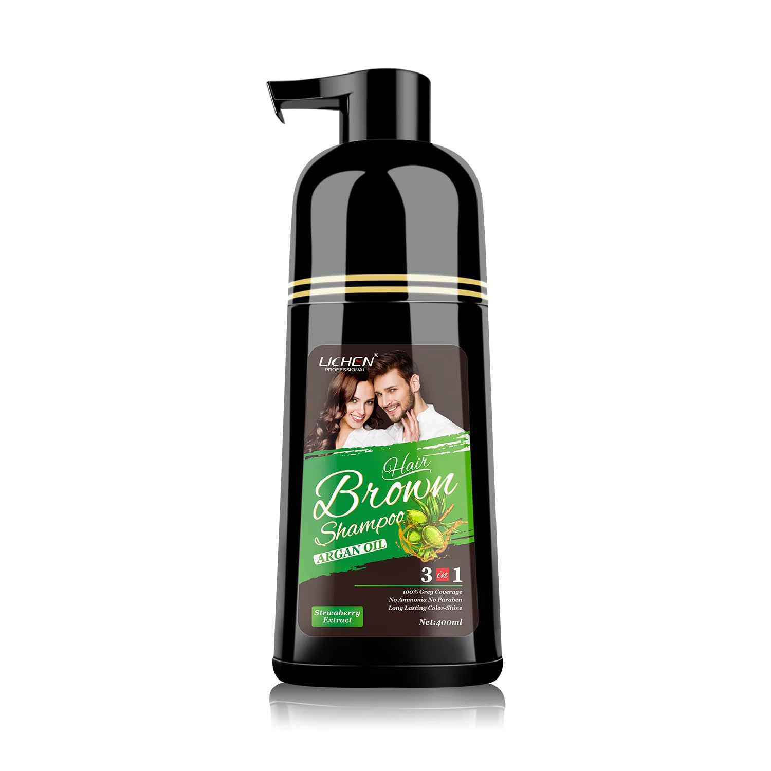 Lichen Professional hair dye shampoo bottle shows 400ml size for quick grey coverage.
