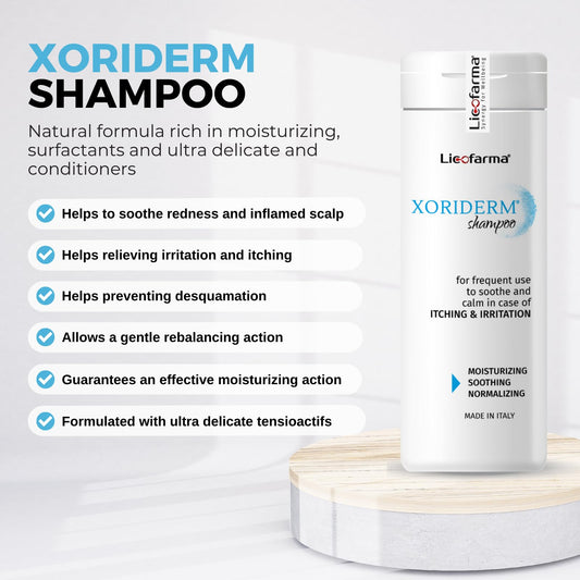 Licofarma Xoriderm Shampoo application on hair and scalp for daily cleansing.