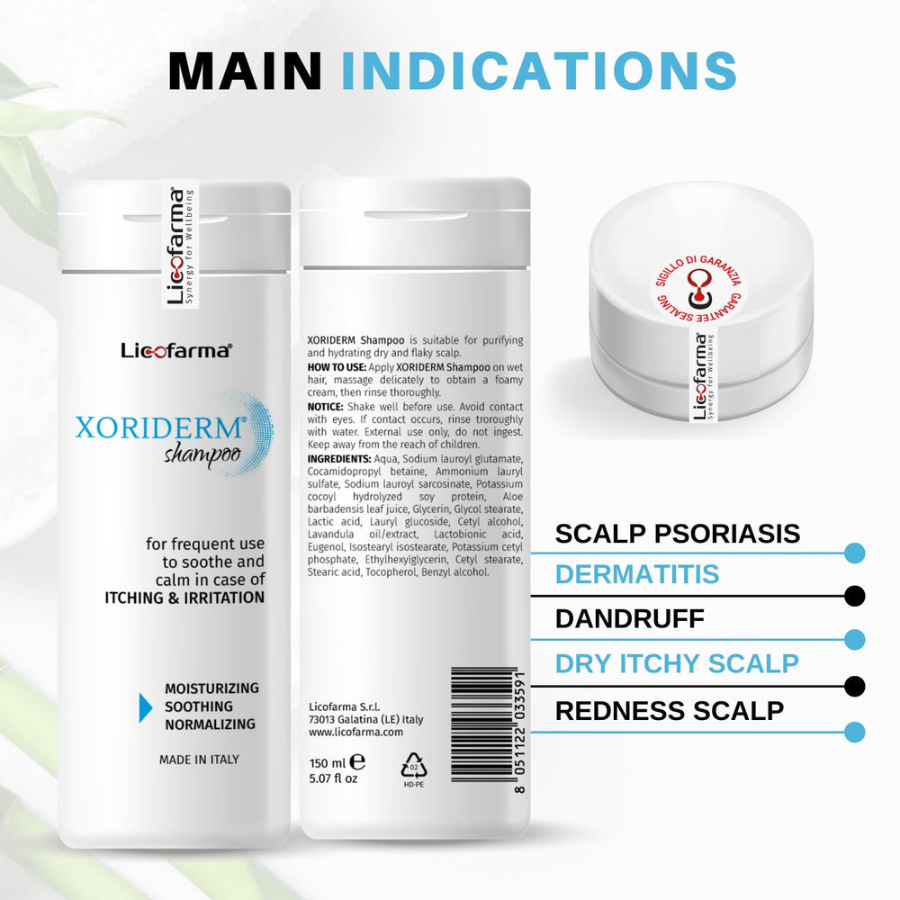 Licofarma Xoriderm Shampoo ingredients close-up highlighting Aloe Vera and Lactobionic Acid.
