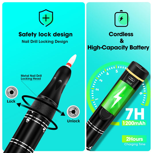 LIERKISS nail drill LED display shows RPM, directions, and battery status.