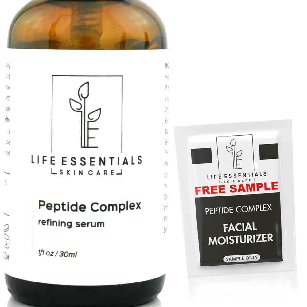 Life Essentials Skin Care Peptide Complex Serum bottle highlights lightweight anti-aging hydration