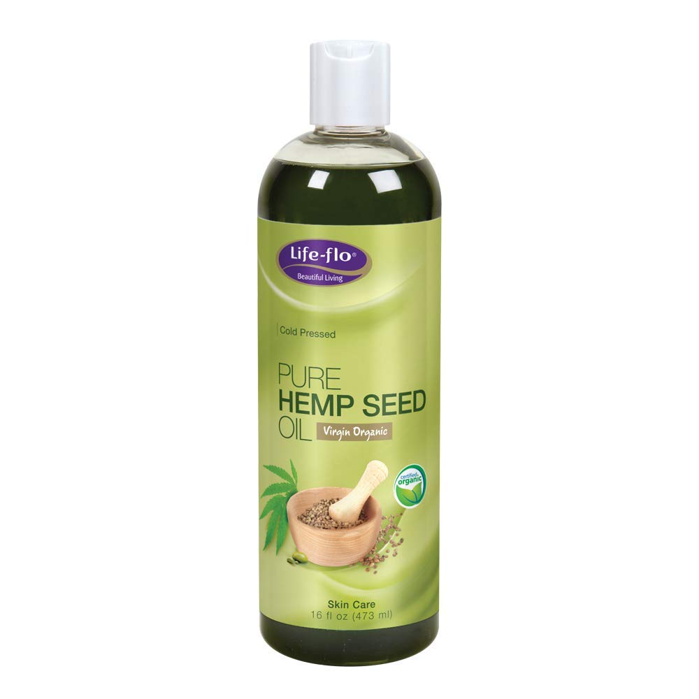 Life-Flo hempseed oil bottle demonstrates a versatile carrier for skin and hair care.