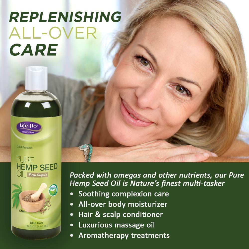 Life-Flo hempseed oil pour highlights its smooth texture ideal for massage and moisturization.