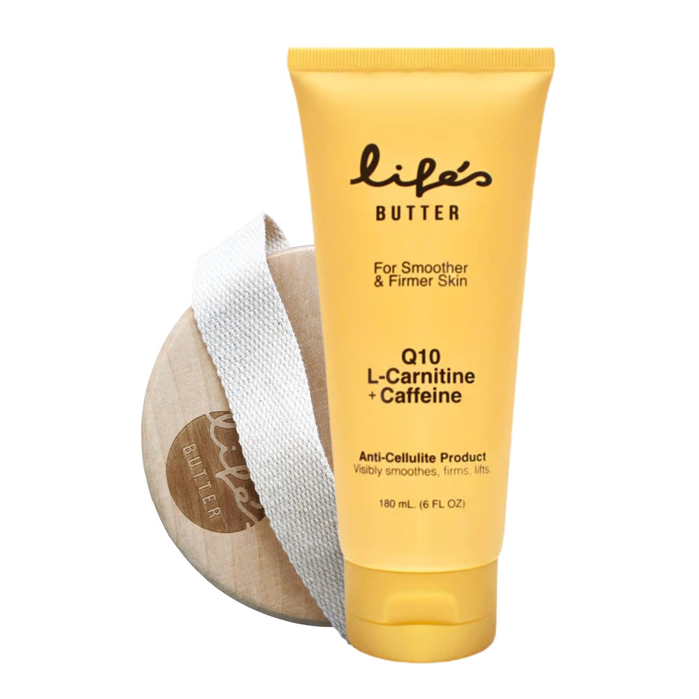 Life's Butter anti-cellulite cream jar close-up for firmer, smoother skin.