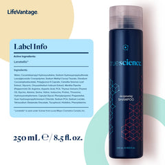 LifeVantage Nourishing Hair Shampoo bottle-side view emphasizes body and shine