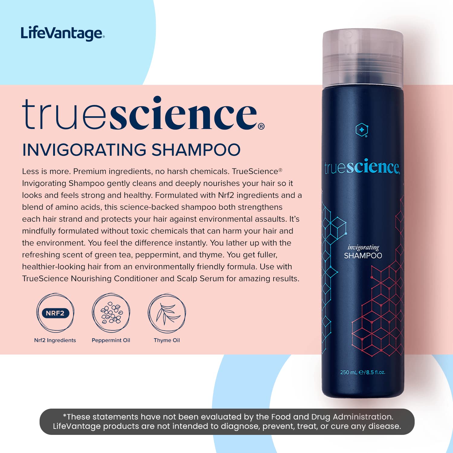 LifeVantage Nourishing Hair Shampoo ingredients-glass showcases green tea and peppermint