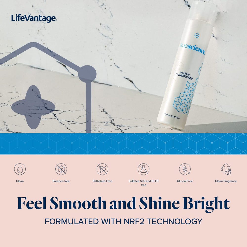 LifeVantage TrueScience glossy hair closeup shows healthier-looking shine.