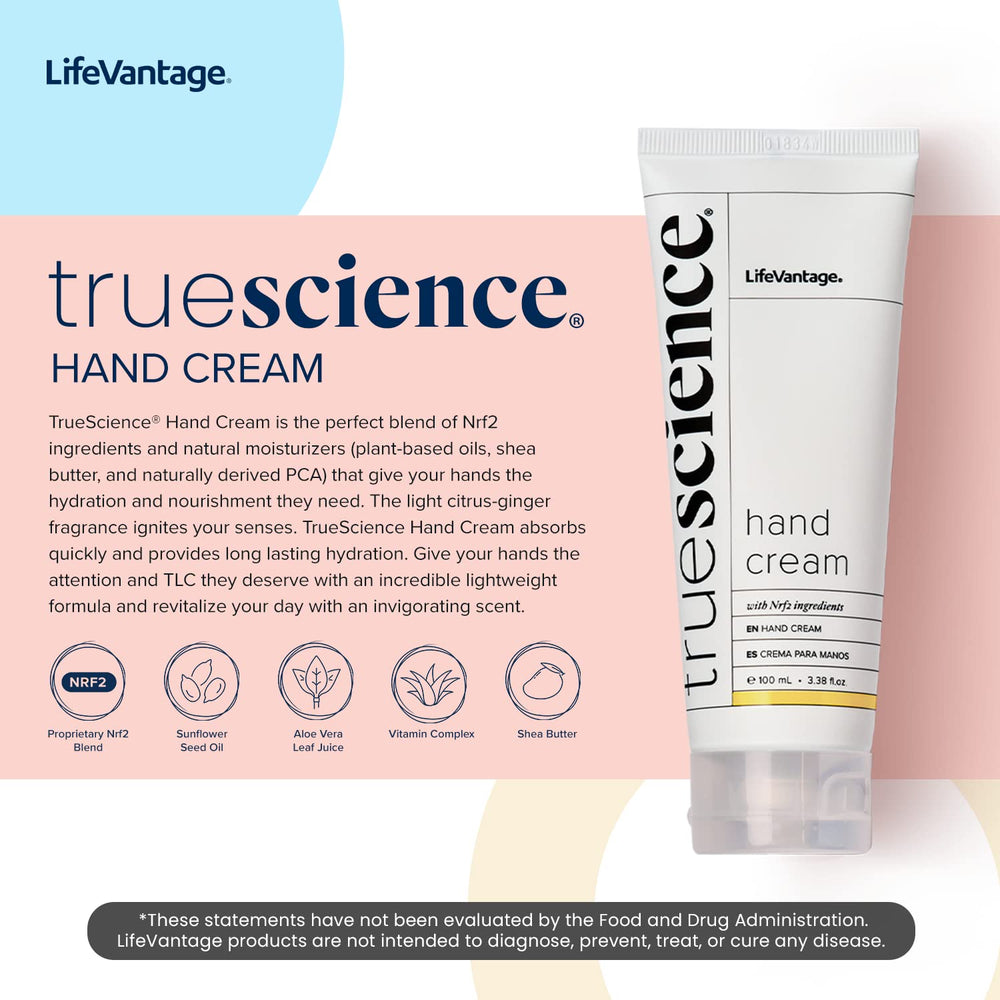 LifeVantage TrueScience Hand Cream with shea butter smooths rough skin for lasting softness.