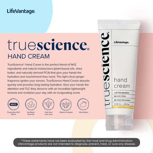 LifeVantage TrueScience Hand Cream with shea butter smooths rough skin for lasting softness.