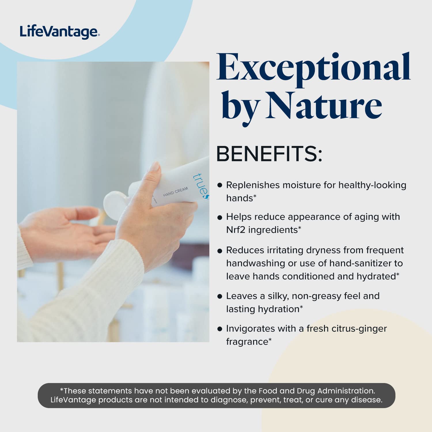LifeVantage TrueScience Hand Cream with sunflower oil nourishes and softens skin.